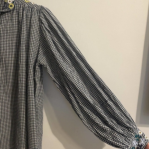SOLD Inoui Paris XS Embroidered Gingham Check Blouse Blue White Balloon Sleev… - Picture 4 of 10